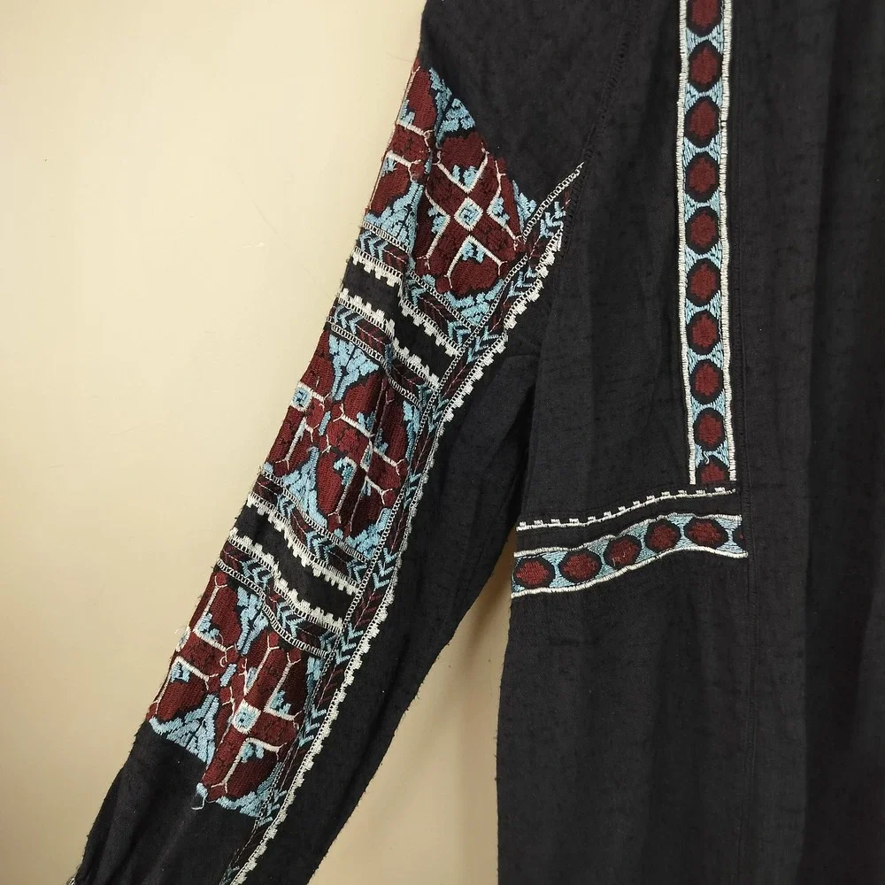 Free People Embroidered Mini Dress Womens Small Tasseled V-Neck Boho Black